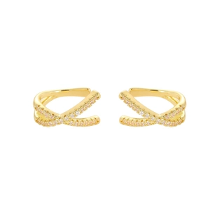 French minimalist gold X-shaped ear cuff with pink cubic zirconia stones for women
