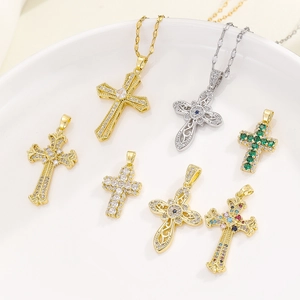 Stainless Steel Chain Necklace With Colorful Zirconia Cross Pendant Luxury Religious Jewelry For Women Wedding Banquet Party Gift