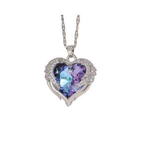 Luxurious blue crystal heart necklace with silver feathered wings pendant for women