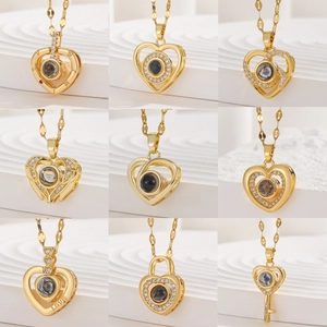 100 Languages I Love You Projection Heart Necklace For Women Gold Plated Copper Zirconia Heart Lock Key Pendant Necklace Valentine's Day Jewelry Gift