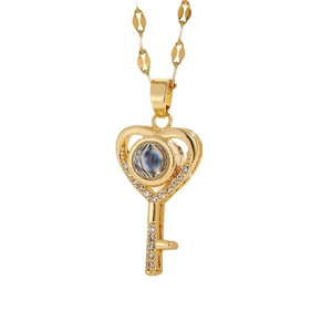 Elegant gold key necklace with heart pendant and projector stone for Valentine's gift