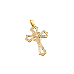 Exquisite gold-plated hollow cross pendant with cubic zirconia inlay on a white background