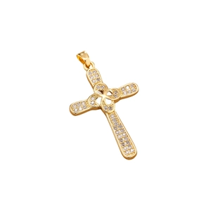 Cross pendant in gold-plated steel with pavé zircon stones and central floral motif