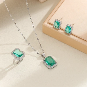 Vintage emerald square zircon jewelry set including necklace, ring and earrings