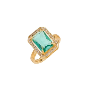 Vintage gold ring with emerald-cut green stone and halo zircon settings for women