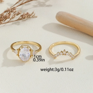 Luxe kroonringset van koper met ovale zirkoon en V-vormige band voor dames, 1 cm hoog