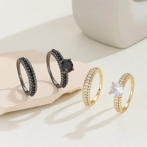Vintage Wheat Ear Copper Ring Matching Band Zirconia Inlaid Gold Gunmetal Black Braided Jewelry For Couples Women