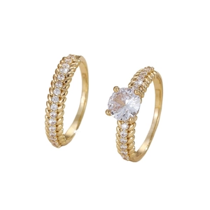 Luxury gold-plated wheat-pattern ring set with sparkling round cubic zirconia