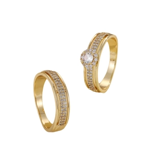 Luxe vergulde koperen koppel ring set met ronde micro-geplaveide zirkonia stenen