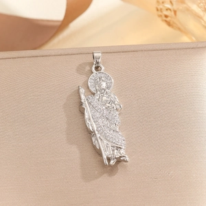 Silver plated St. Jude Thaddeus pendant with micro-pave cubic zirconia on beige leather box