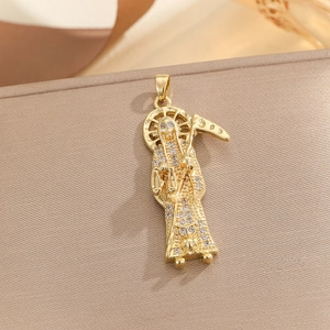 Saint Death Santa Muerte pendant necklace in gold plated brass with cubic zirconia stones