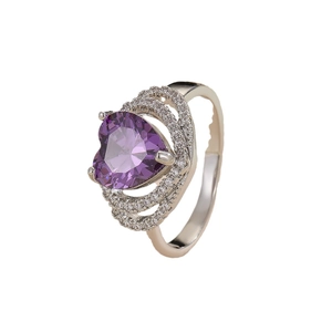 Exquisite silver ring featuring a large heart-shaped purple zircon and sparkling accents