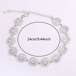 Silver smile face bracelet with cubic zirconia charms and adjustable chain for women