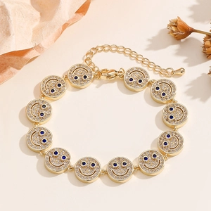 Vintage Copper Smiley Face Bracelet For Women Gold Silver Plated Zirconia Inlaid Adjustable Link Chain Fashion Jewelry