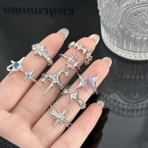 Anillo de Cobre Ajustable Estrella Planeta Corazón de Circón Minimalista Y2K Punk Joyería para Mujer Anillo de Dedo Plateado Regalo
