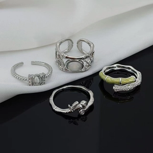 Eleganter Bambus Stil Offener Verstellbarer Ring Mit Zirkonia Synthetischem Mondstein Silber Farbe Kupfer Fingerring Für Damen Schmuck
