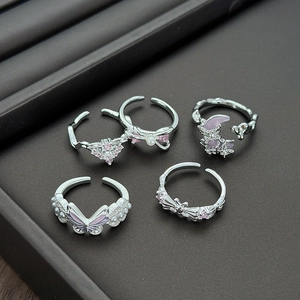 5-piece butterfly heart zircon silver ring set with pink stones and pearls