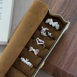 Elegant 5-piece silver butterfly and heart zircon ring set in a velvet travel jewelry box