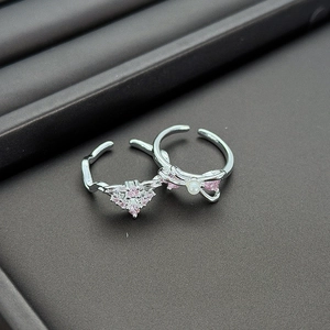 Silver butterfly and heart zircon adjustable open rings with pink stones and pearls