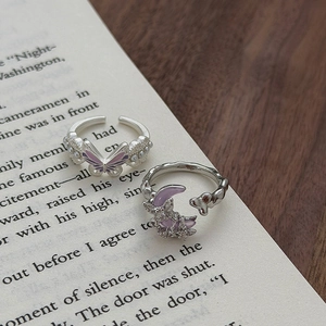 Detailed close-up of butterfly and crescent moon rings with purple enamel on a book