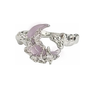 Elegant silver open ring featuring a purple moon, sparkling zircons and butterfly accents