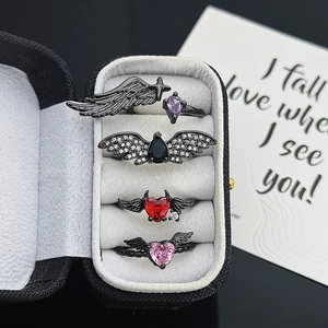 Gothic Dark Style Black Wing Heart Zircon Open Ring Copper Adjustable Angel Devil Wing Ring For Women Jewelry Gift