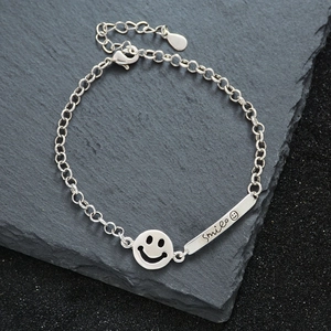 Silver smile face chain bracelet with engraved metal bar and adjustable lobster clasp
