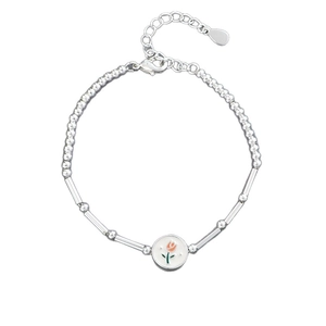 Bracelet argenté doux avec pendentif tulipe, perles roses et fermoir mousqueton réglable