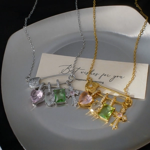 Pin necklace with colorful zircon heart, cross charms in gold and silver finish