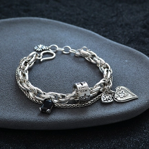 Vintage gothic multi-layer silver bracelet with black zircon and cross shield charms