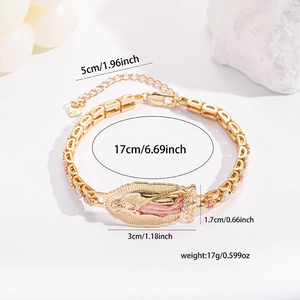 Detailed size chart of Our Lady of Guadalupe gold bracelet with dimensions and weight