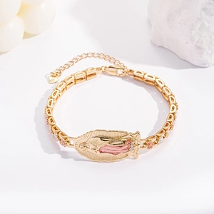 Golden Our Lady of Guadalupe bracelet with colorful enamel accents and crystals