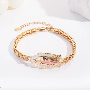 Detailed view of tricolor Virgin Mary religious bracelet with floral charms and lobster clasp