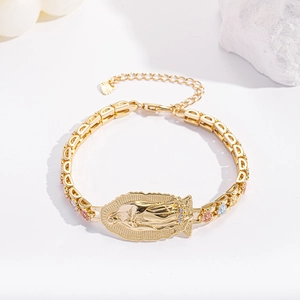 Golden Virgin of Guadalupe religious bracelet with colorful enamel flowers and heart pendant