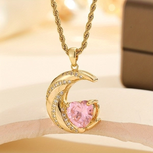 Gold moon necklace with heart shaped pink crystal and twisted chain jewelry
