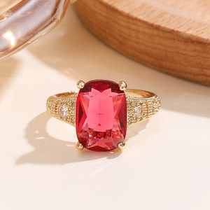 Luxury heart zircon copper ring with large rectangular red gemstone in gold finish