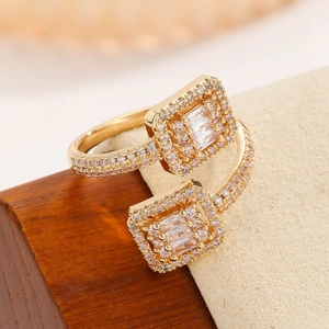 Luxury Copper Zircon Adjustable Open Bangle And Ring For Women Minimalist Geometric Square Fashion Jewelry Accessory Gift