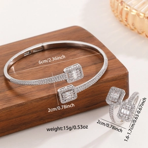 Sparkling copper zircon open bracelet and ring set with square geometric design