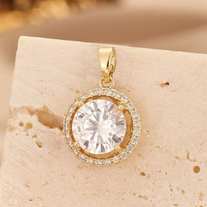 Elegant gold four-claw pendant with sparkling round zircon and micro-paved halo on stone