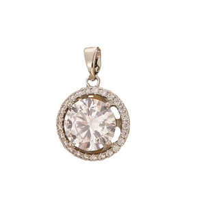 Elegant four-claw round halo zircon pendant with rose gold setting on white background
