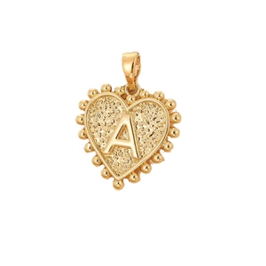 Golden heart pendant with letter A, hammered texture and beaded edges on white background