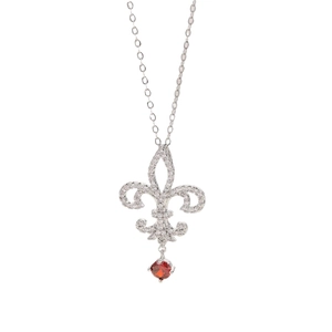 Collar de flor de lis en plata con circonitas blancas y colgante de gema roja redonda