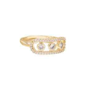 Minimalist gold ring featuring a rectangular hollow frame with three sliding round zircons