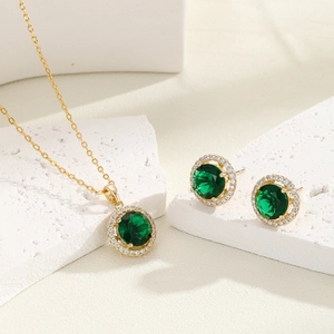 Luxury Round Zirconia Copper Jewelry For Women Elegant Gold Silver Plated Halo Necklace And Stud Earrings For Wedding Party