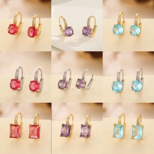 Vintage lever-back earrings with colorful oval and square zircons in gold and silver