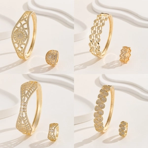 Luxurious Gold Silver Plated Copper Hollow Flower Bangle And Ring Zirconia Inlaid Elegant Wedding Banquet Jewelry For Women