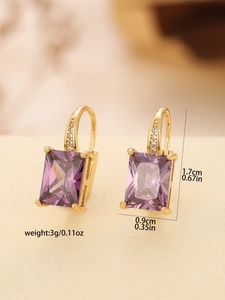 Detail view of rectangular purple gemstone earrings with dimensions 1.7cm by 0.9cm