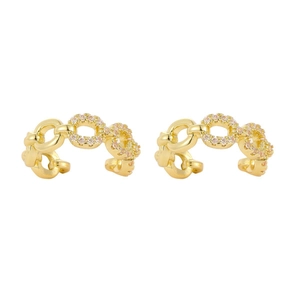 Golden Cuban link ear cuffs with pink cubic zirconia stones on white background