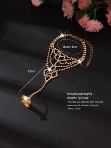 Detailed size chart for rhinestone hand chain with ring showing dimensions and weight