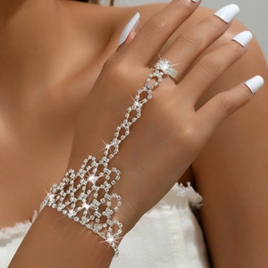 Elegant rhinestone finger bracelet ring combo with crown design for wedding parties